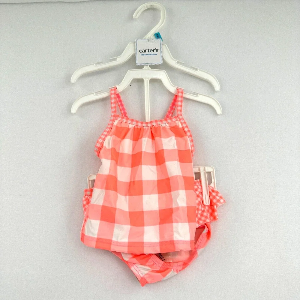 Carter's 2 Piece‎ Swimsuit Set Girls 6M Neon Pink White Gingham Ruffle Beach NWT